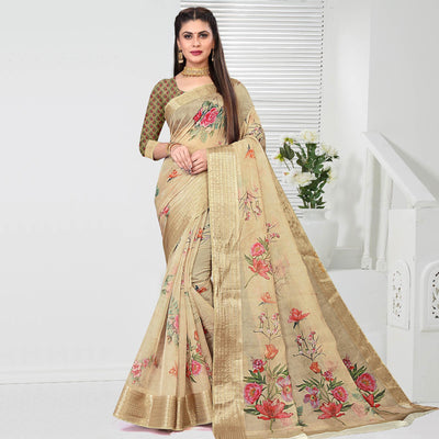Chikoo Party Wear Floral Digital Printed With Jacquard Border Soft Georgette Saree