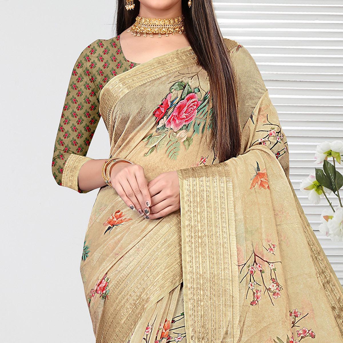 Chikoo Party Wear Floral Digital Printed With Jacquard Border Soft Georgette Saree