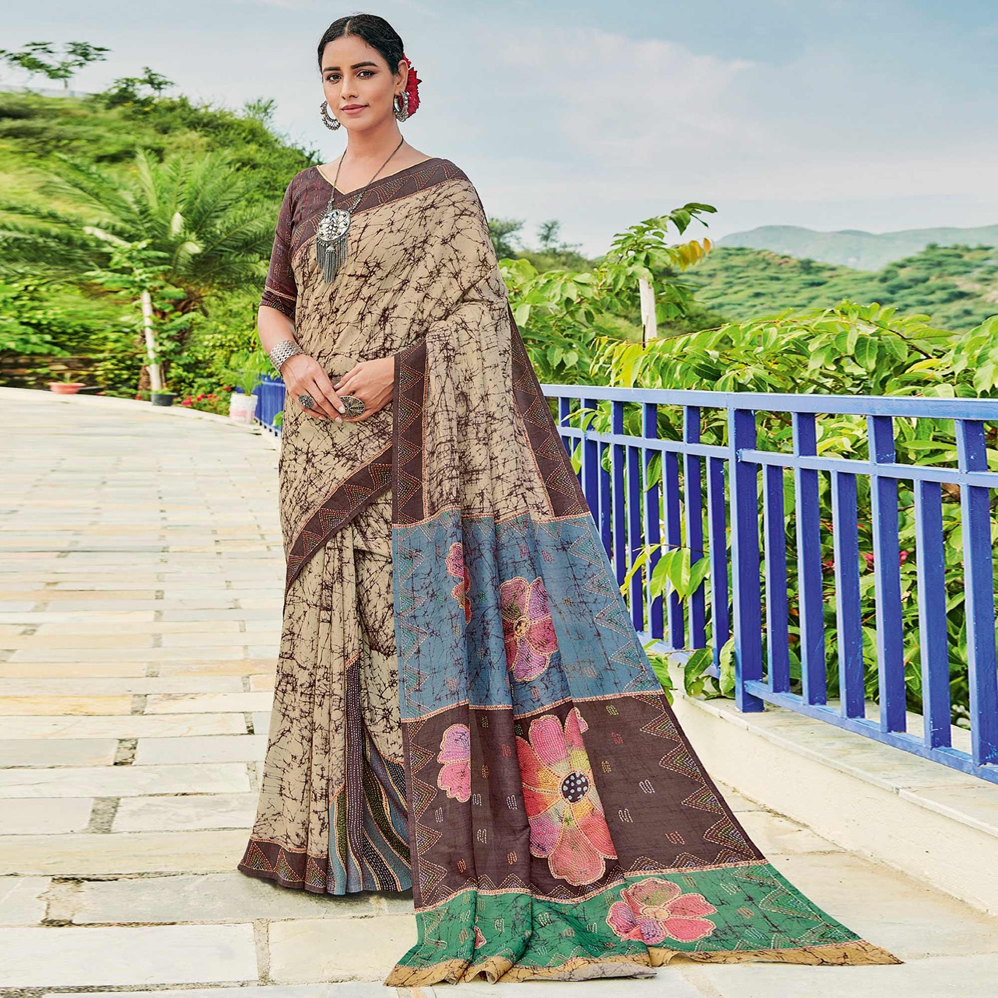 Chikoo Printed Cotton Silk Saree