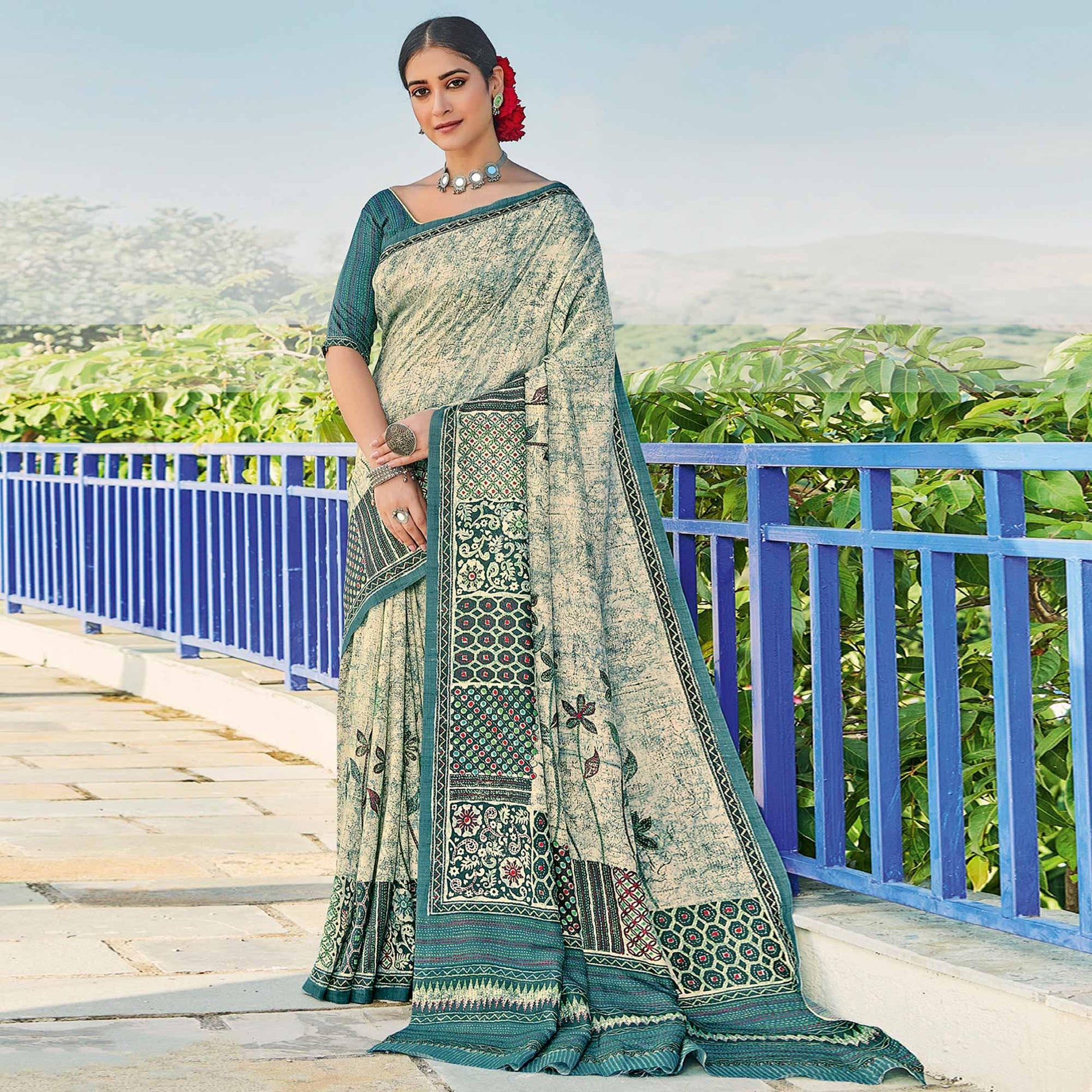 Chikoo Printed Cotton Silk Saree