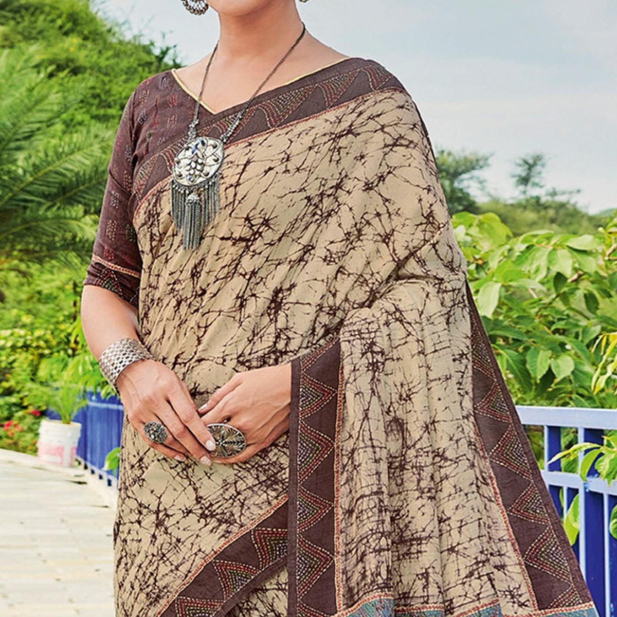 Chikoo Printed Cotton Silk Saree