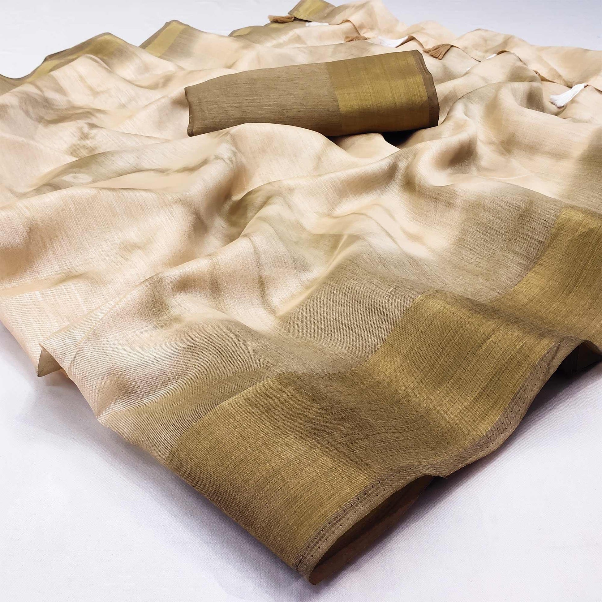 Chikoo Printed Cotton Blend Saree With Tassels