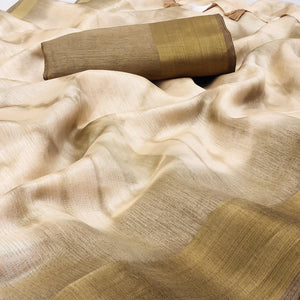 Chikoo Printed Cotton Blend Saree With Tassels