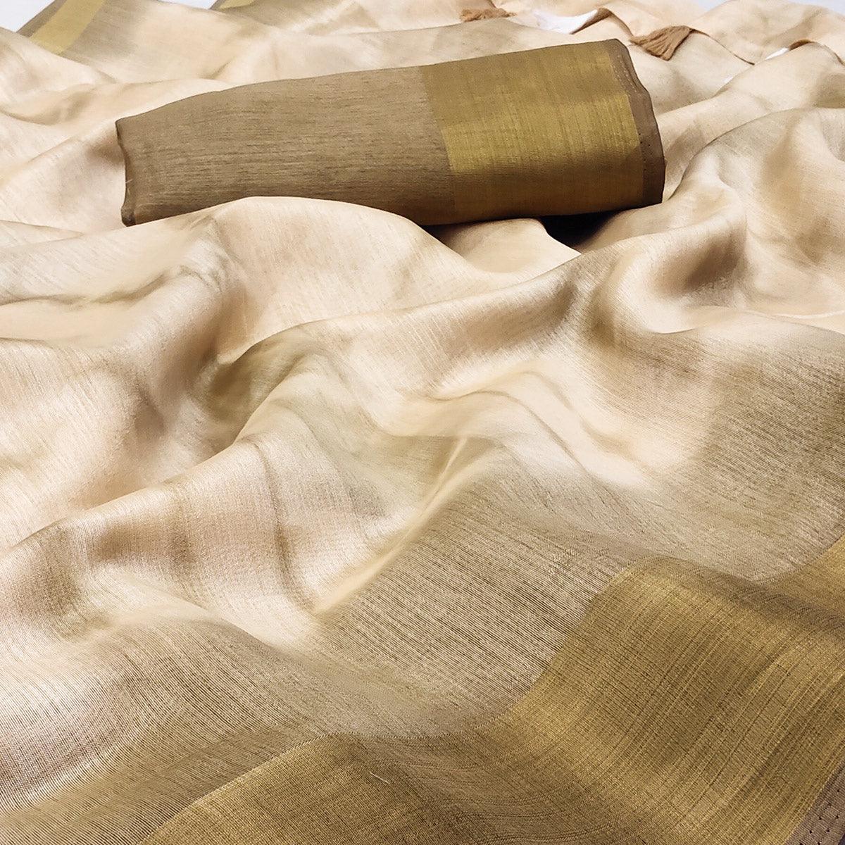 Chikoo Printed Cotton Blend Saree With Tassels