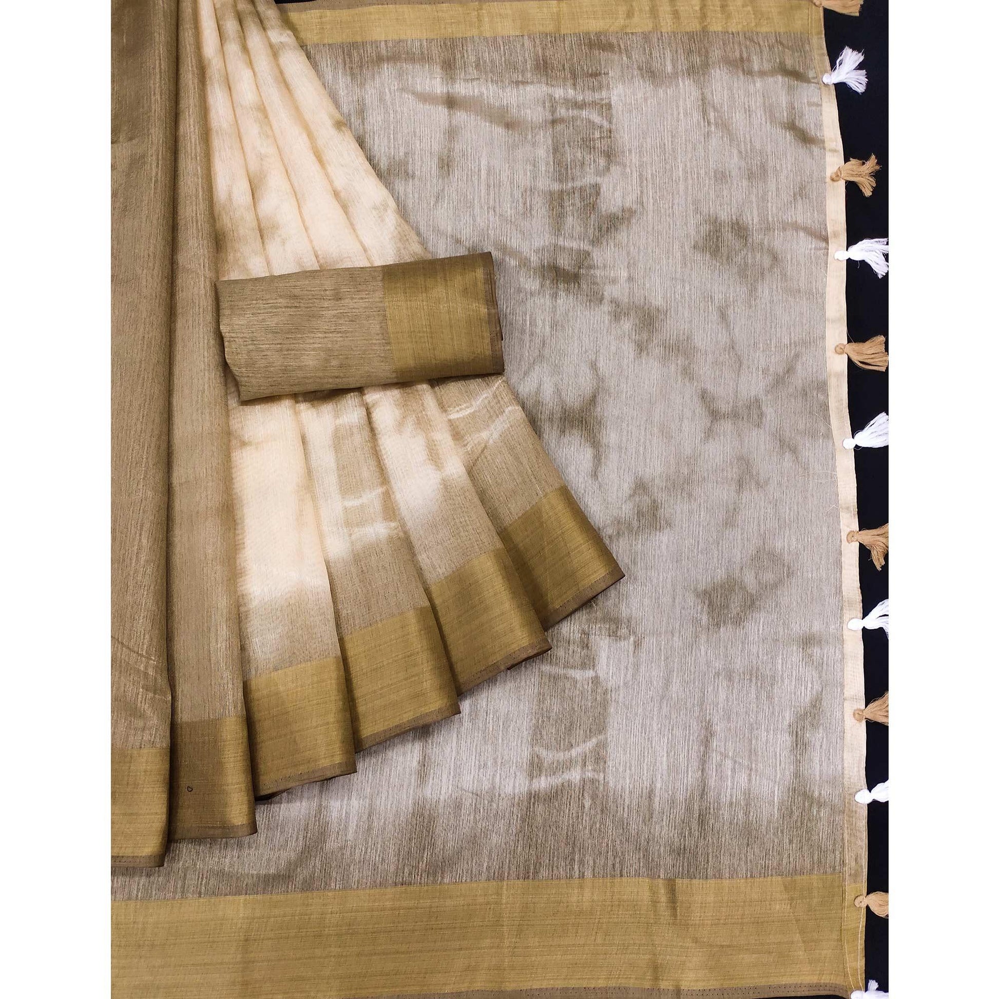 Chikoo Printed Cotton Blend Saree With Tassels