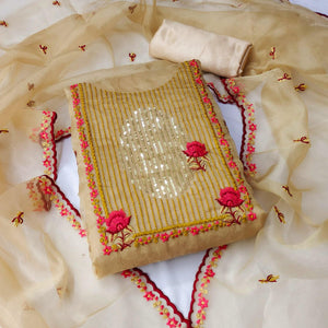 Chikoo Sequins Floral Embroidered Organza Dress Material