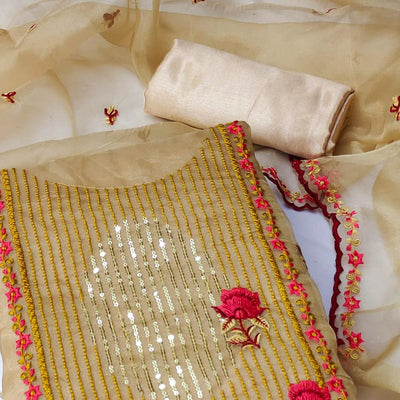 Chikoo Sequins Floral Embroidered Organza Dress Material
