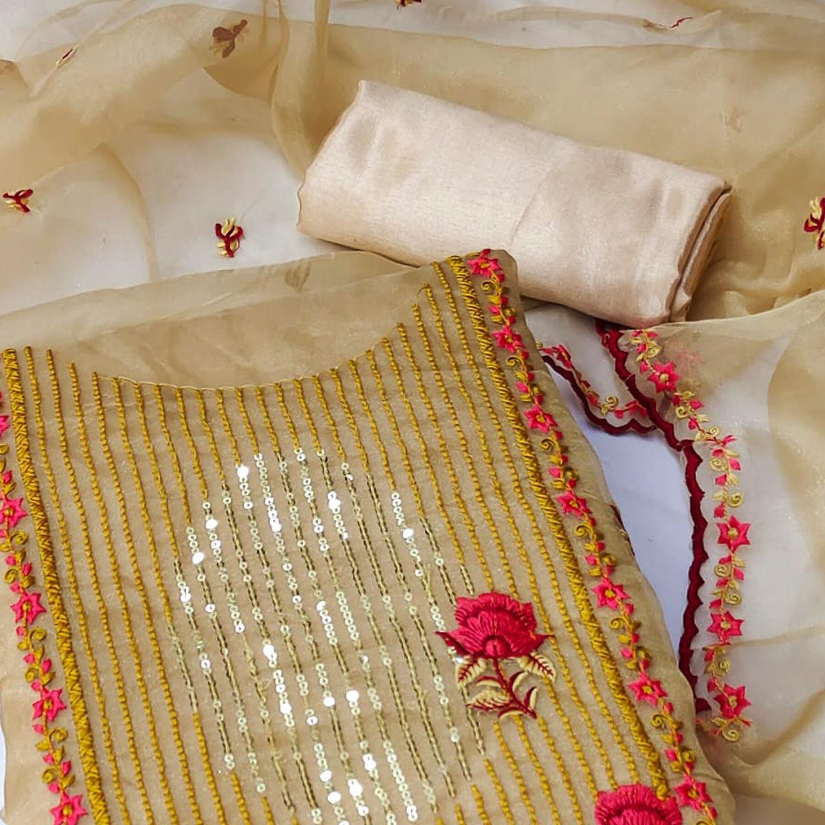 Chikoo Sequins Floral Embroidered Organza Dress Material