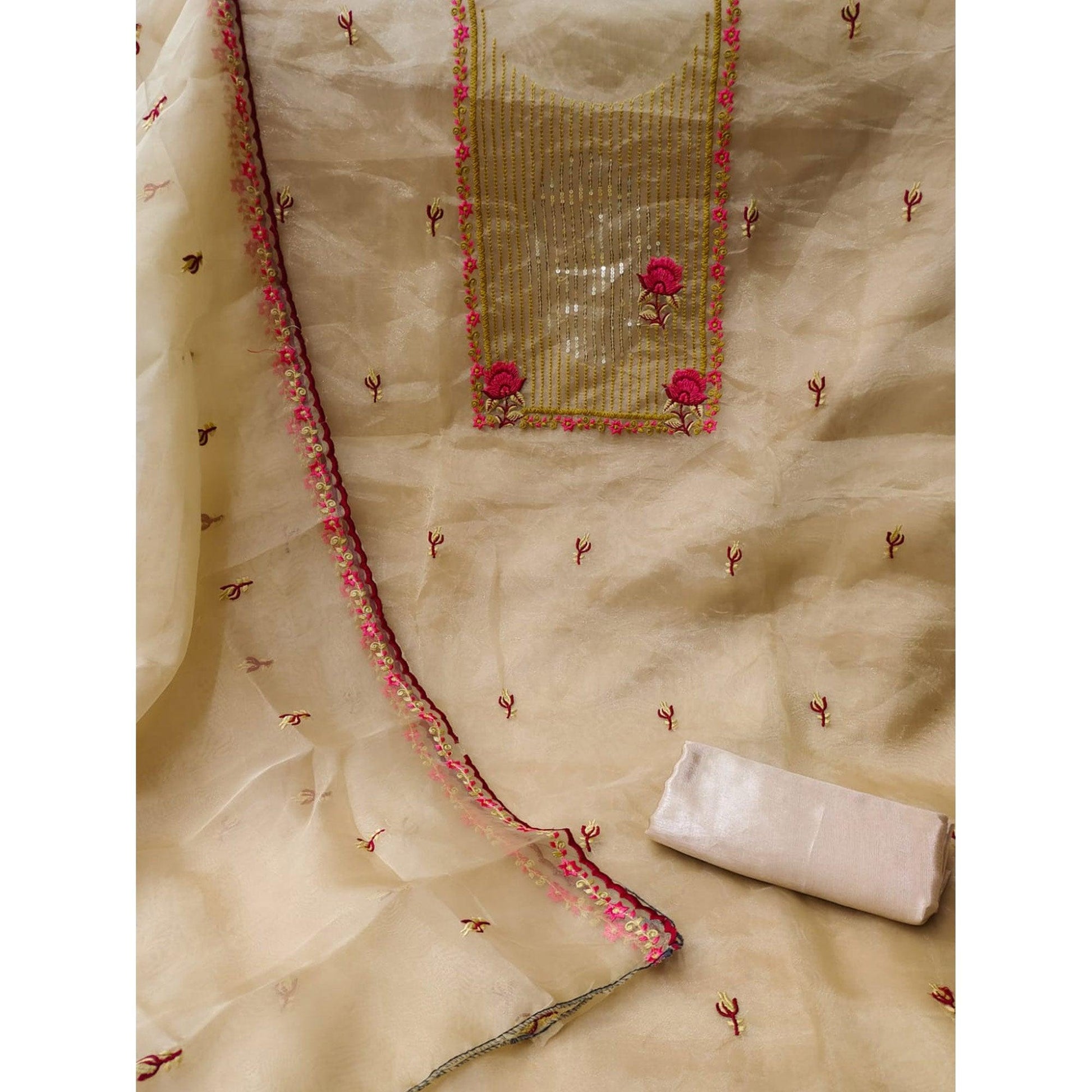 Chikoo Sequins Floral Embroidered Organza Dress Material