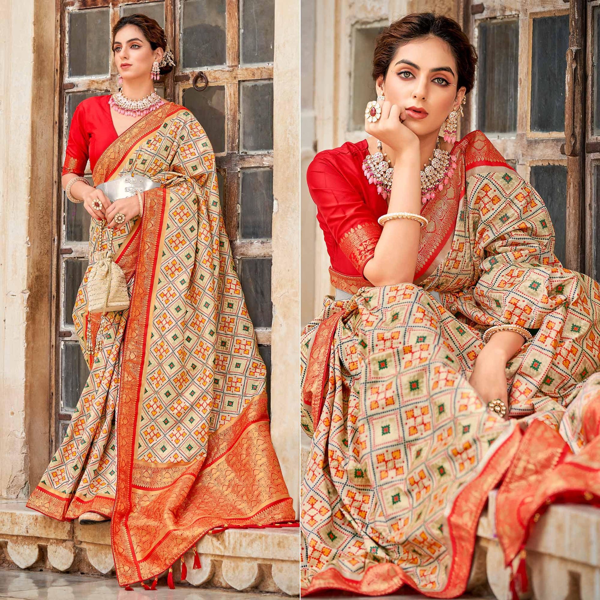 Chikoo Woven Art Silk Patola Saree With Tassels