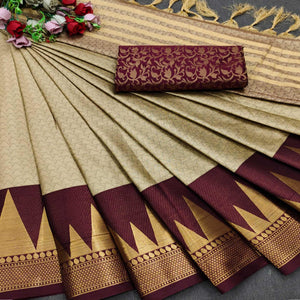 Chikoo Woven Border Cotton Silk Saree