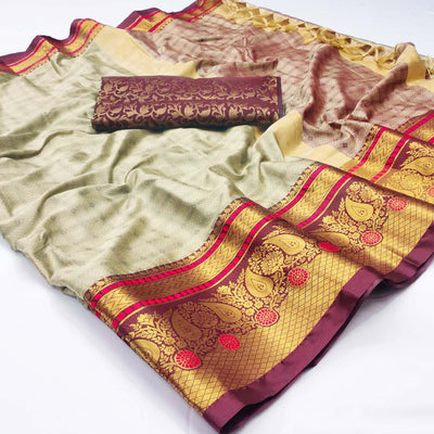 Chikoo Woven Cotton Silk Saree With Tassels