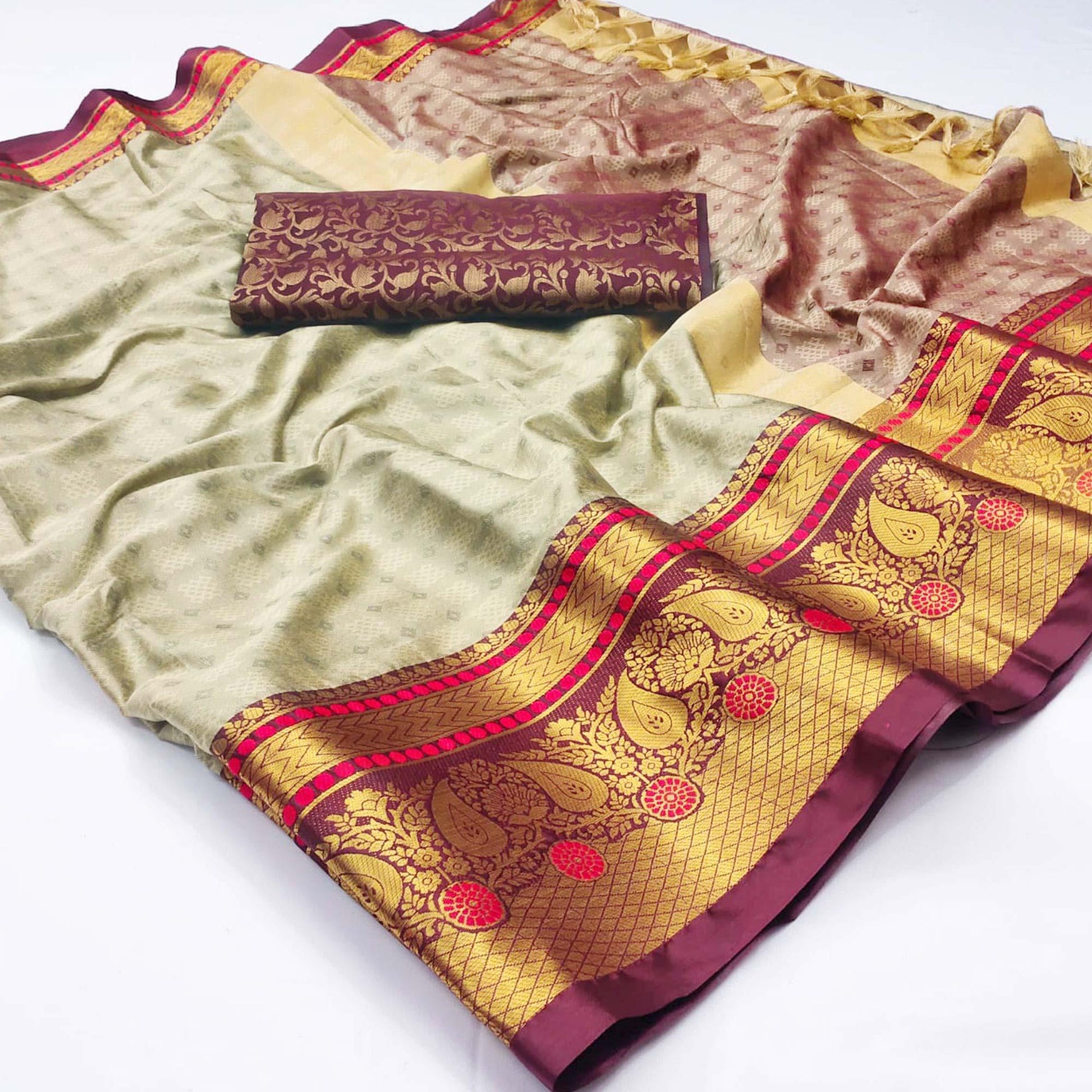 Chikoo Woven Cotton Silk Saree With Tassels