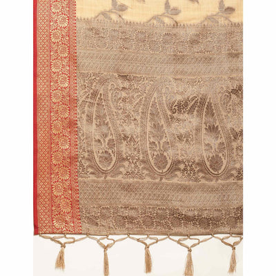 Chikoo Woven Cotton Silk Saree With Tassels
