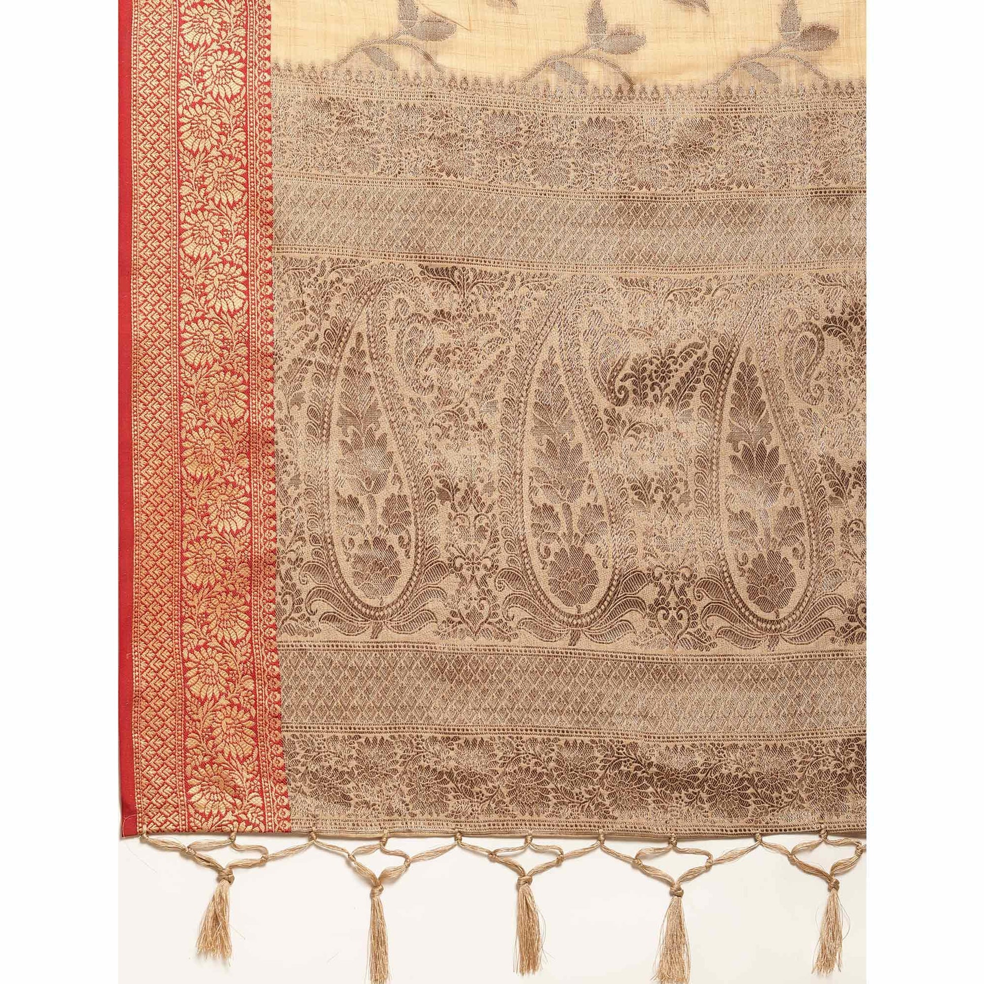 Chikoo Woven Cotton Silk Saree With Tassels