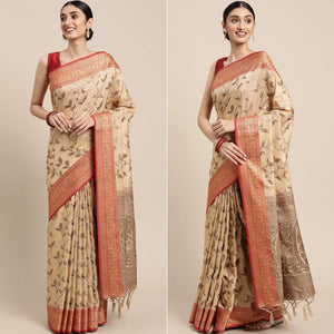 Chikoo Woven Cotton Silk Saree With Tassels