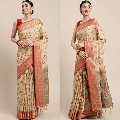 Chikoo Woven Cotton Silk Saree With Tassels