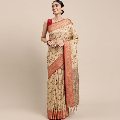 Chikoo Woven Cotton Silk Saree With Tassels