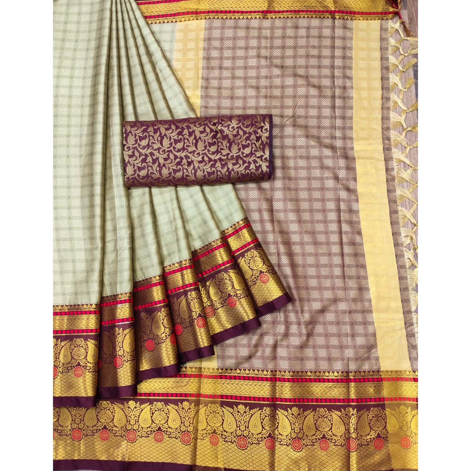 Chikoo Woven Cotton Silk Saree With Tassels