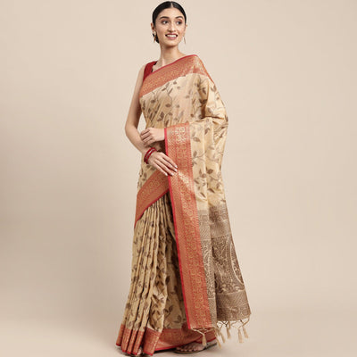 Chikoo Woven Cotton Silk Saree With Tassels