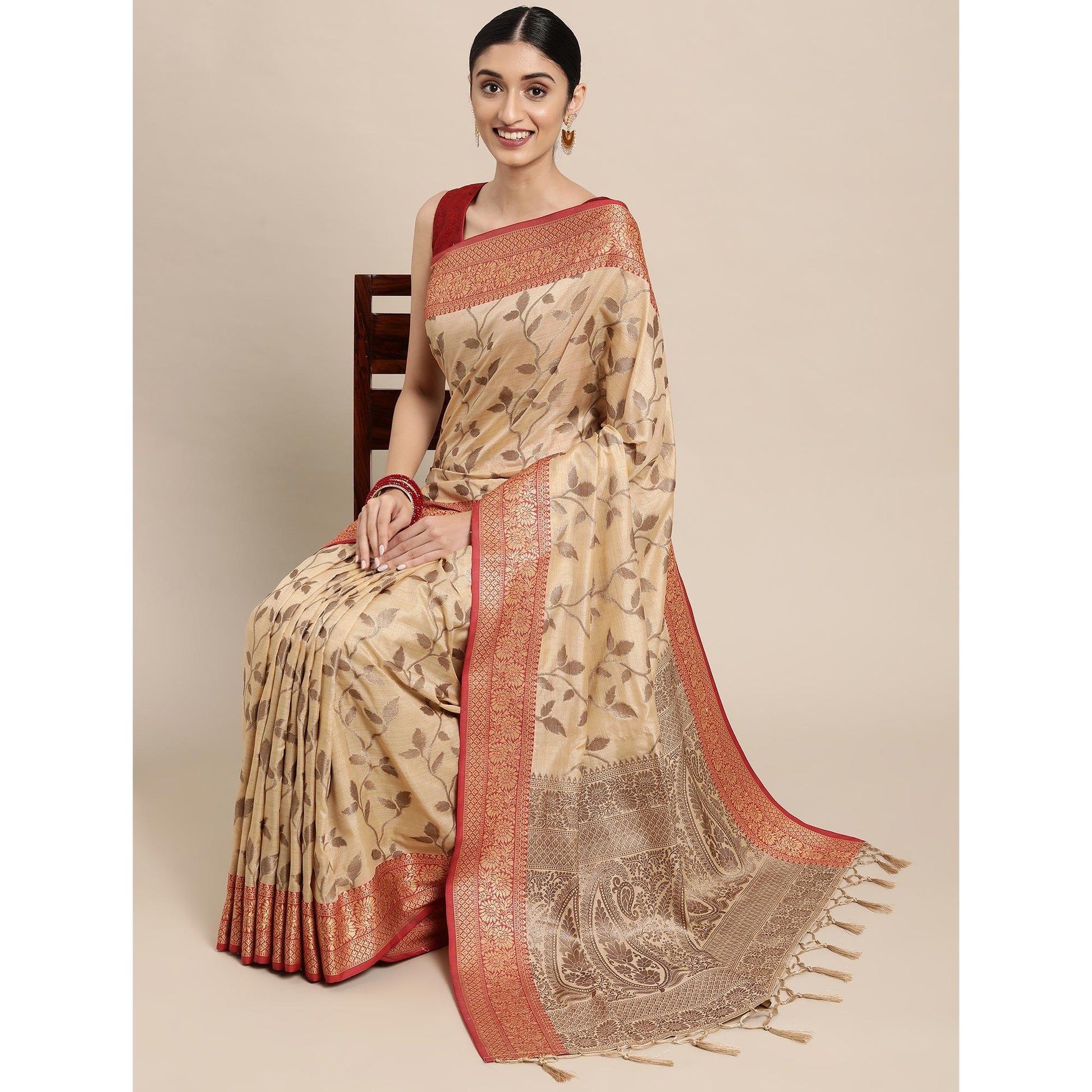 Chikoo Woven Cotton Silk Saree With Tassels