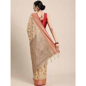 Chikoo Woven Cotton Silk Saree With Tassels