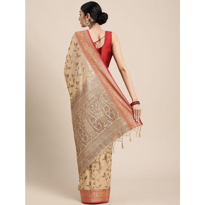 Chikoo Woven Cotton Silk Saree With Tassels