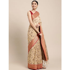 Chikoo Woven Cotton Silk Saree With Tassels