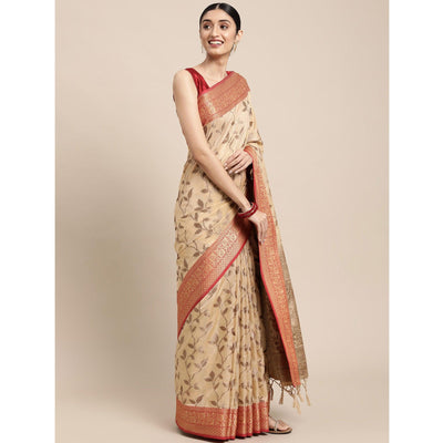 Chikoo Woven Cotton Silk Saree With Tassels