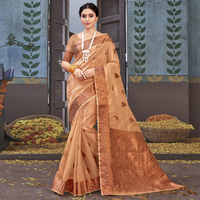 Chikoo Woven Organza Saree With Tassels