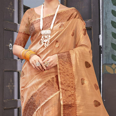 Chikoo Woven Organza Saree With Tassels