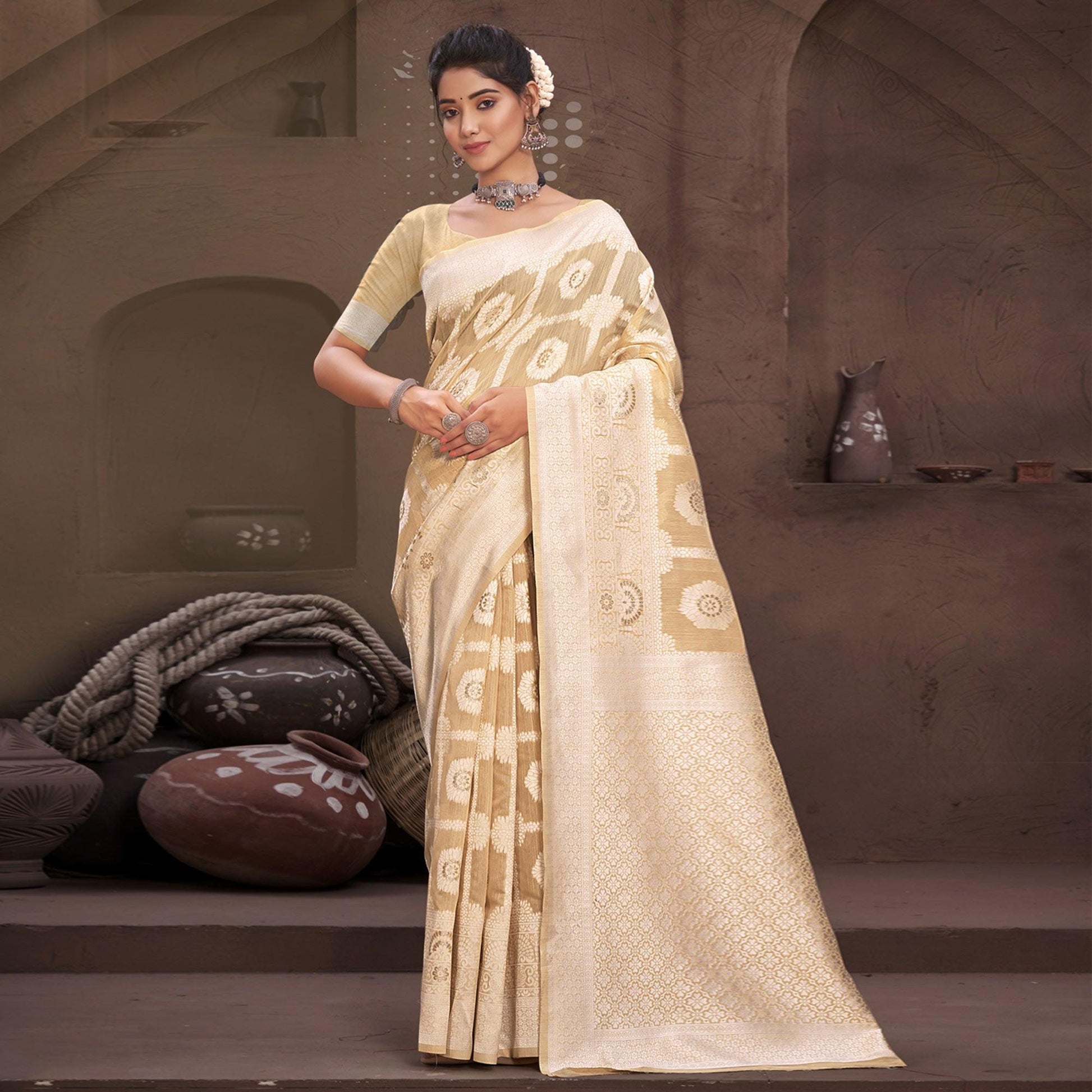 Chikoo Woven Cotton Blend Saree