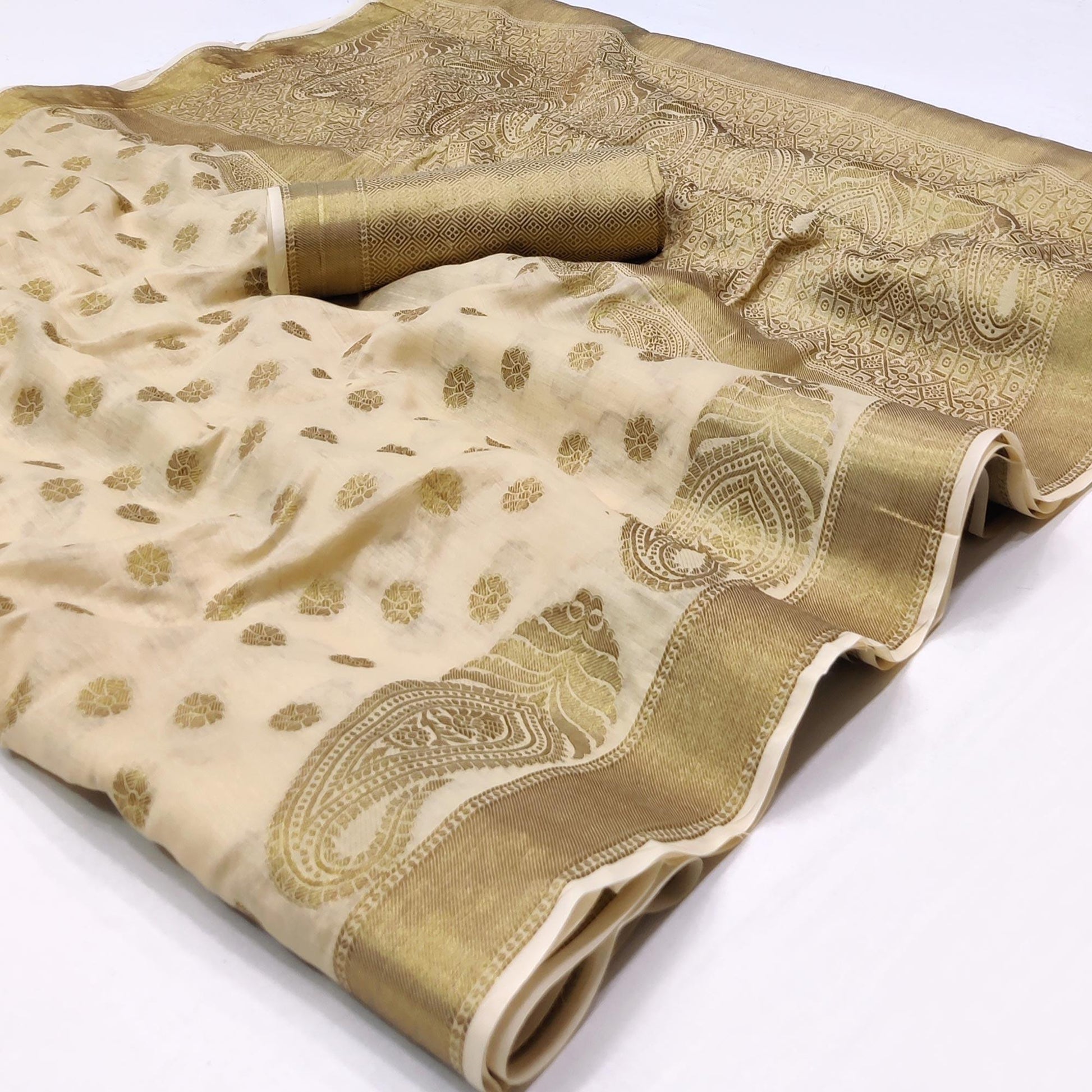 Chikoo Woven Cotton Blend Saree