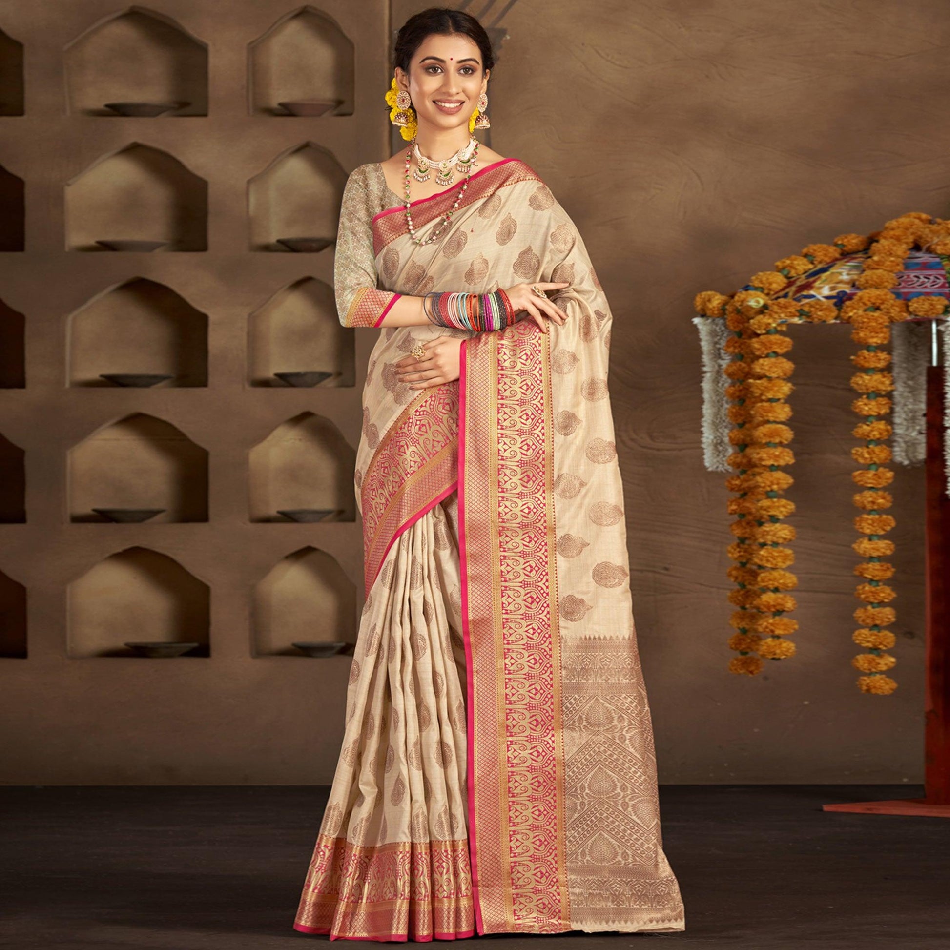 Chikoo Woven Cotton Blend Saree