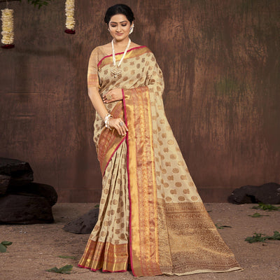 Chikoo Woven Cotton Blend Saree