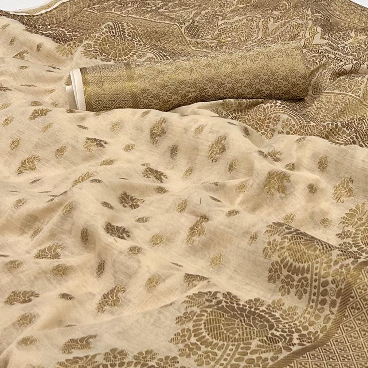 Chikoo Woven Cotton Blend Saree