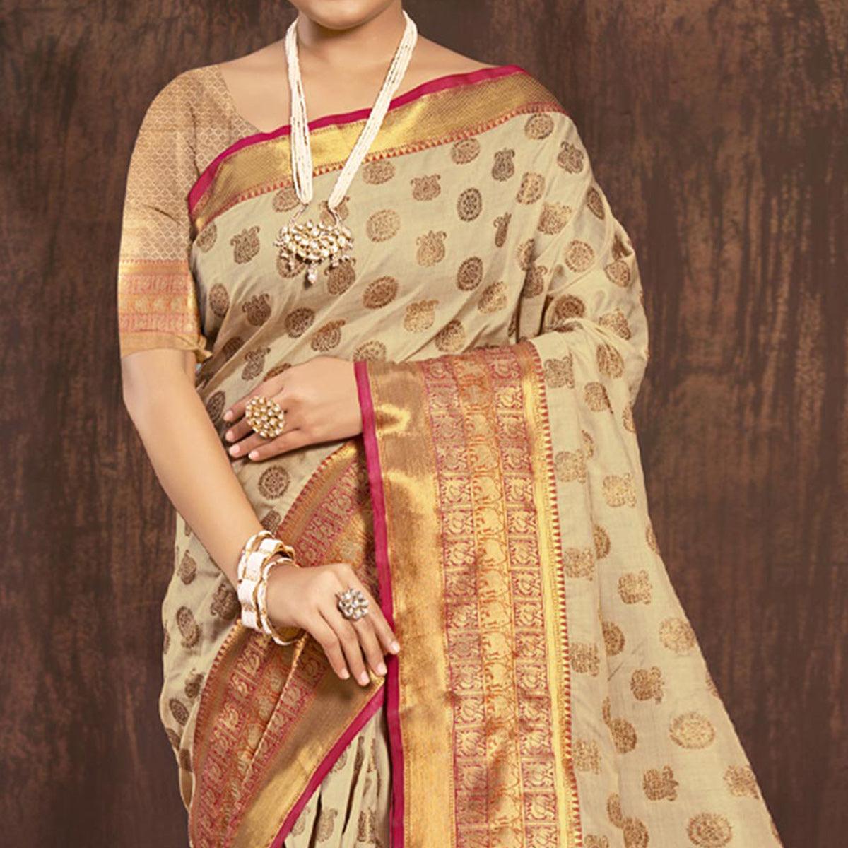 Chikoo Woven Cotton Blend Saree