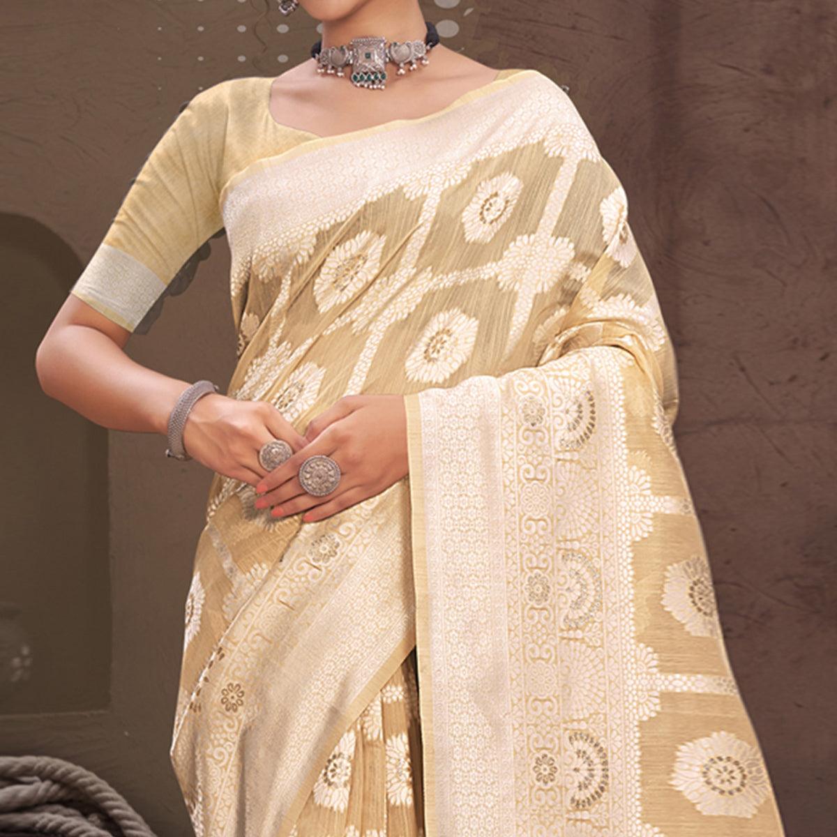 Chikoo Woven Cotton Blend Saree