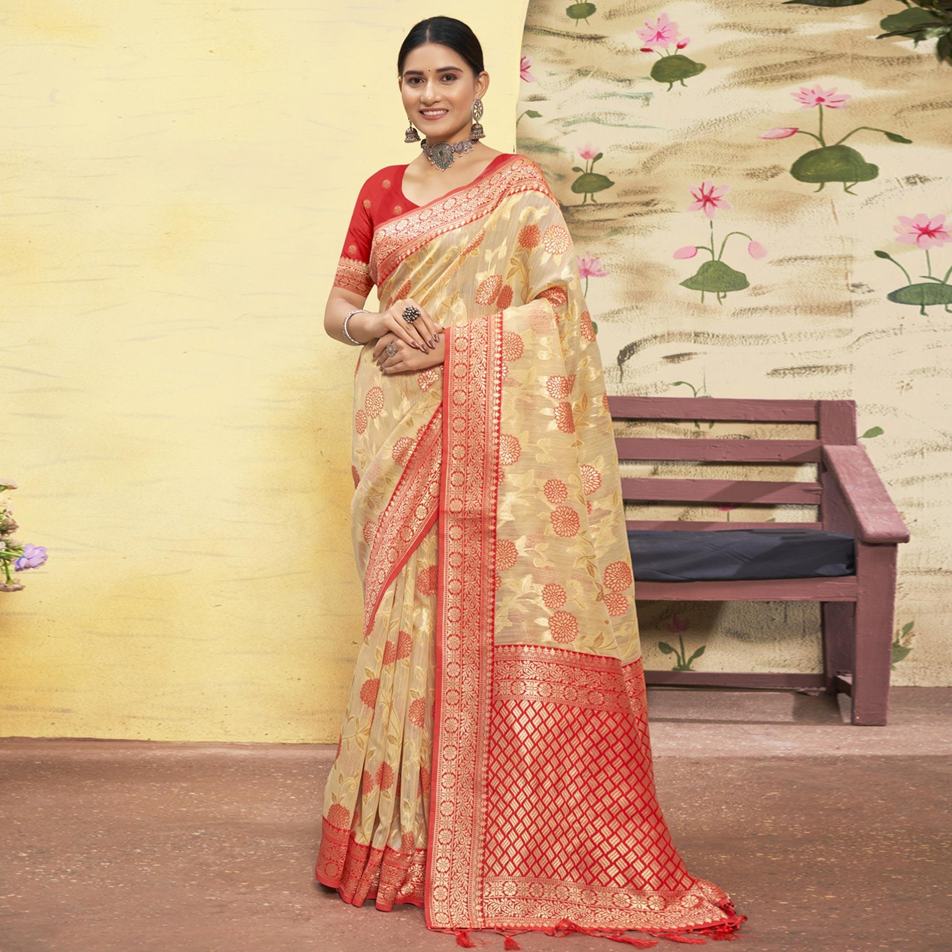 Chikoo Woven Cotton Blend Saree With Tassels