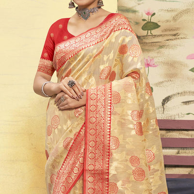 Chikoo Woven Cotton Blend Saree With Tassels