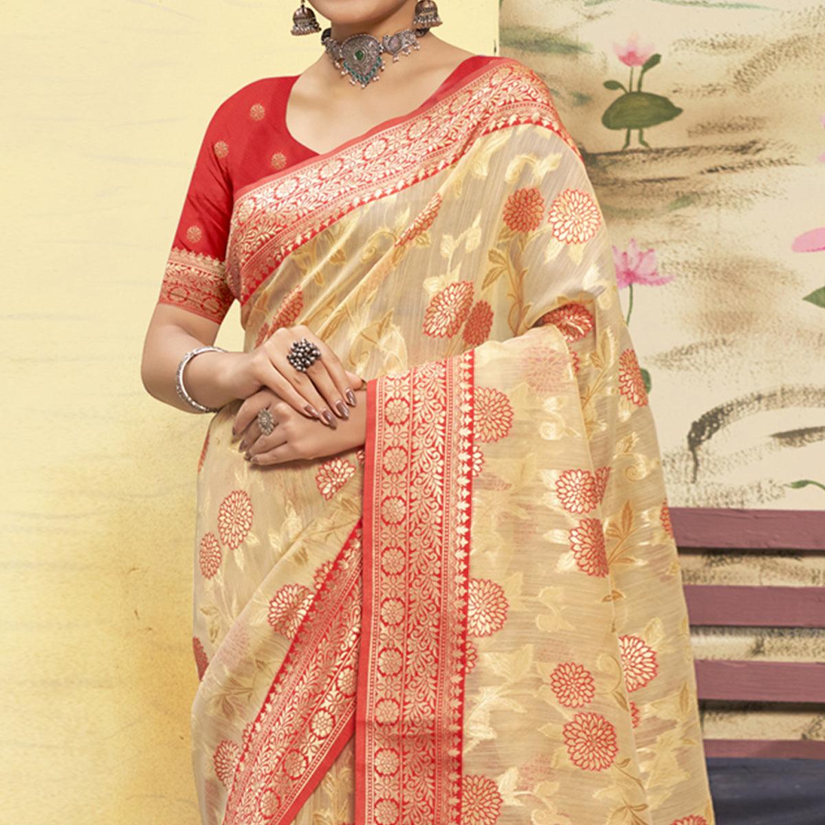 Chikoo Woven Cotton Blend Saree With Tassels