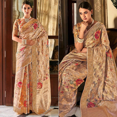 Chikoo Woven With Printed Cotton Silk Saree With Tassels