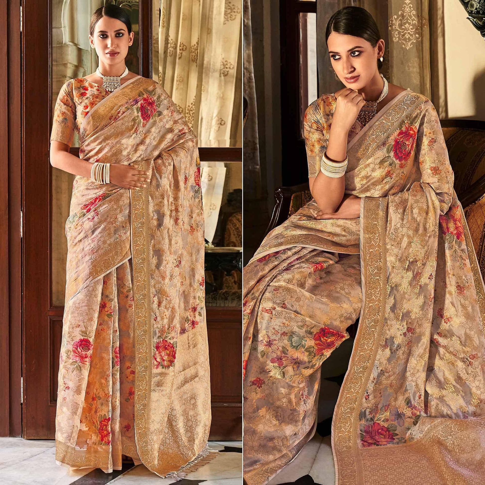 Chikoo Woven With Printed Cotton Silk Saree With Tassels