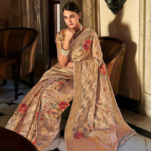 Chikoo Woven With Printed Cotton Silk Saree With Tassels