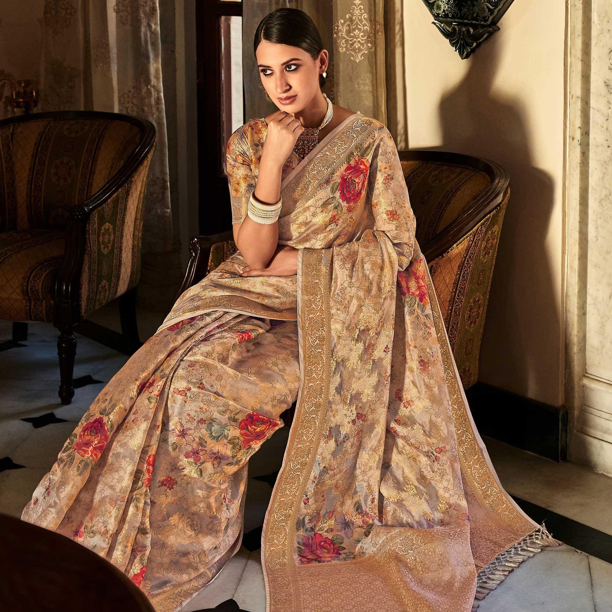 Chikoo Woven With Printed Cotton Silk Saree With Tassels