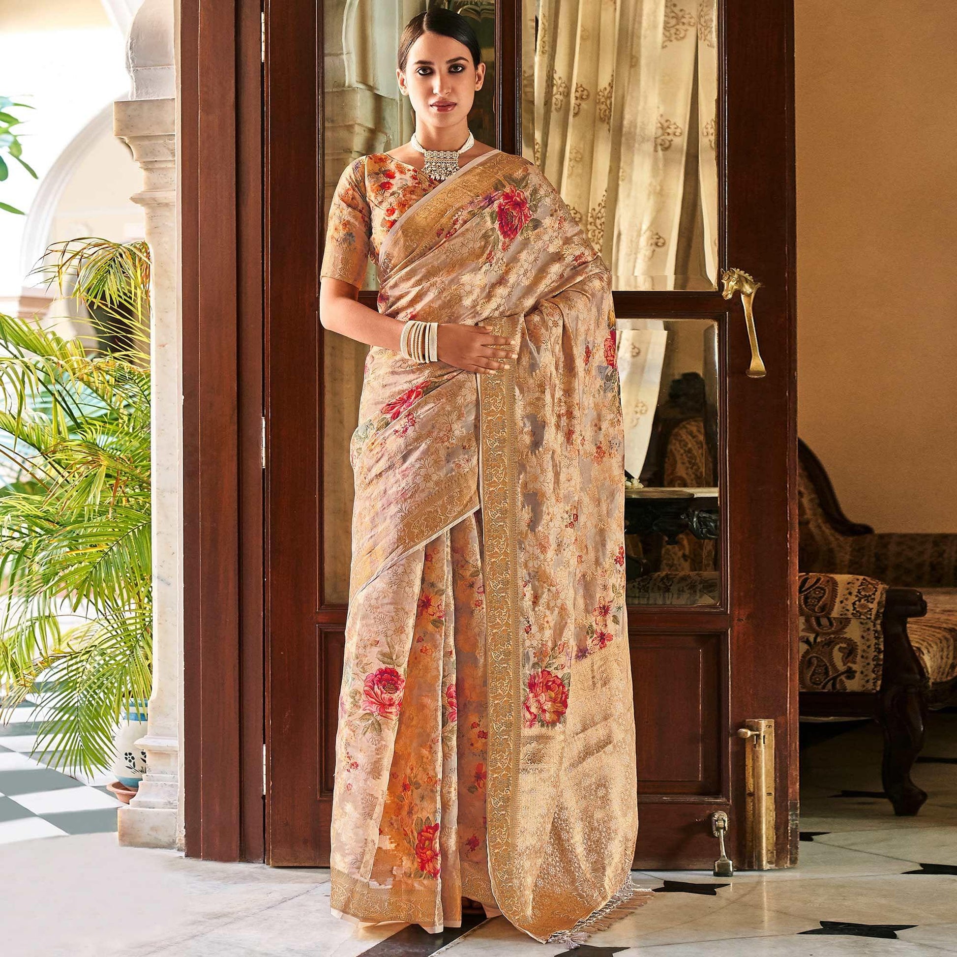 Chikoo Woven With Printed Cotton Silk Saree With Tassels