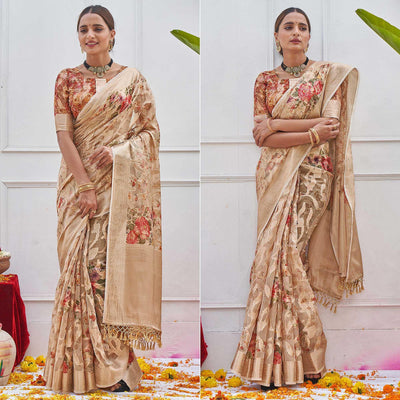 Chikoo Woven With Printed Organza Saree
