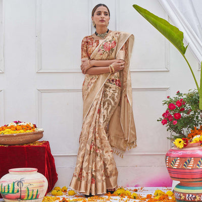Chikoo Woven With Printed Organza Saree