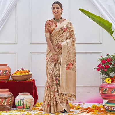 Chikoo Woven With Printed Organza Saree