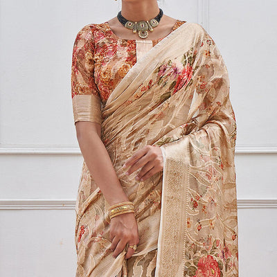 Chikoo Woven With Printed Organza Saree